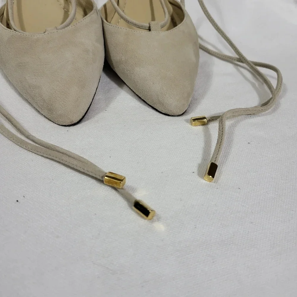 Garnet Hill Cream Suede Pointed-Toe Lace-Up Flats